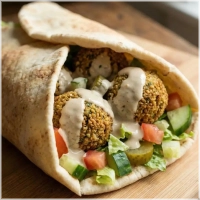 Opgerolde wrap met falafel, salade en saus